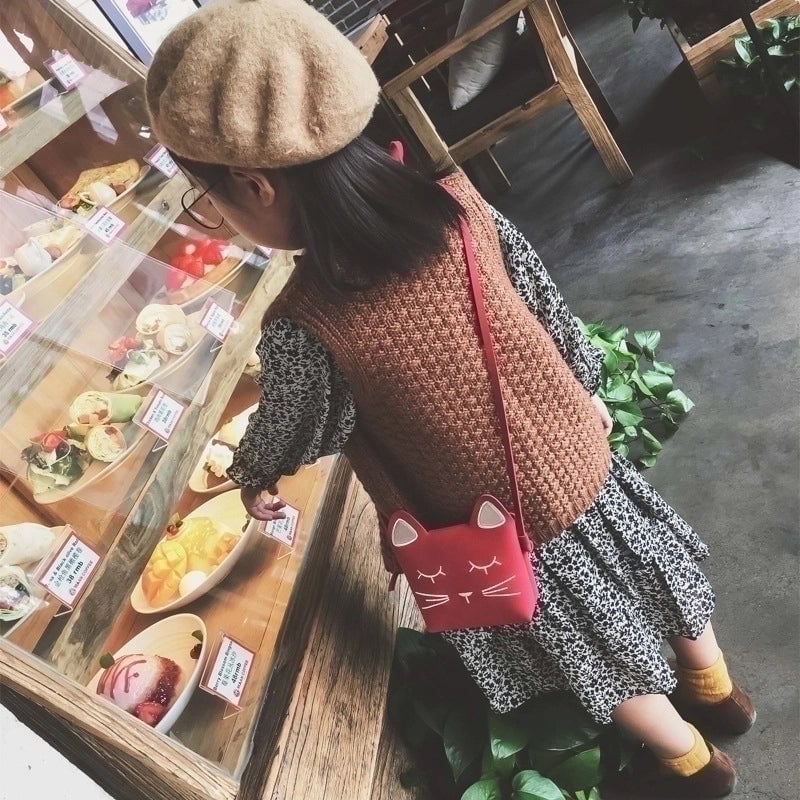 Kid'S Pu Leather Cat Solid Color Cute Square Zipper Crossbody Bag