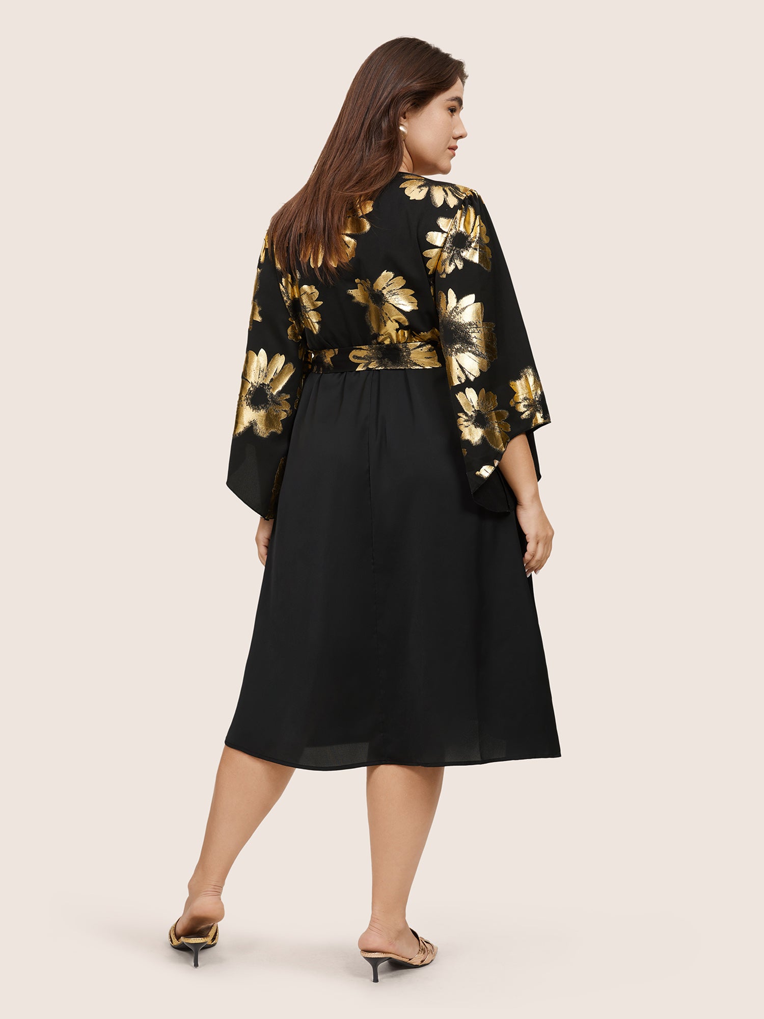 Floral Glitter Belted Keyhole Flutter Sleeve Dress
