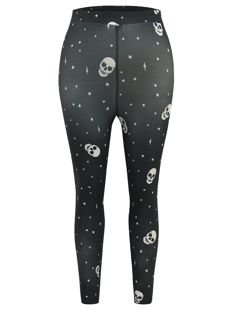 Halloween Skull & Star Print Elastic Waist Leggings
