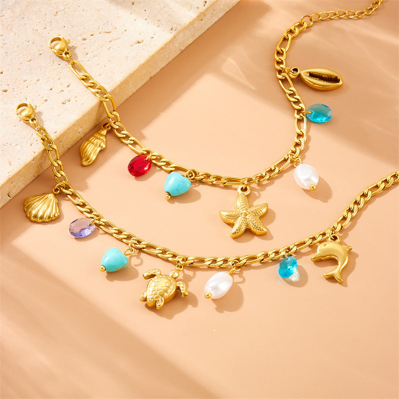 Personalized Gold-Plated Turtle Dolphin Starfish Pendant Stainless Steel Chain Jewelry Bracelet