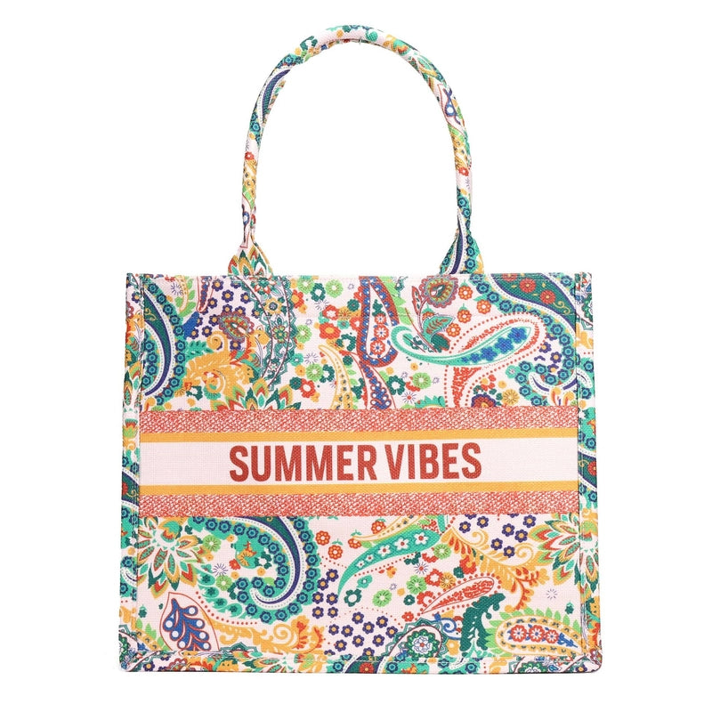 Women's Canvas Animal Letter Flower Elegant Embroidery Square Zipper Tote Bag