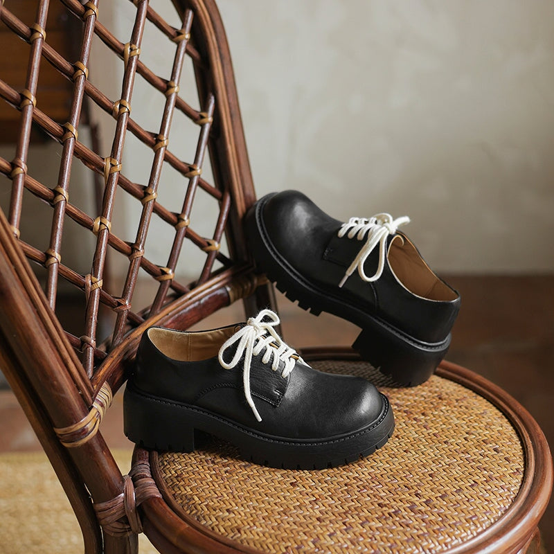 50mm Heel Vintage Waxed Cow Leather Chunky Oxford Shoes in Black/Brown