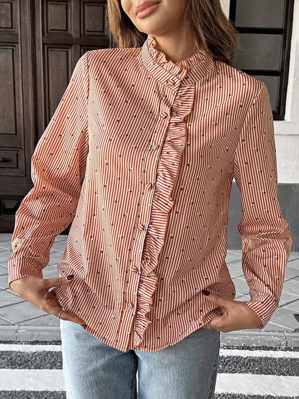 Long Sleeves Loose Buttoned Ruffle Trim Striped Mock Neck Blouses&Shirts Tops