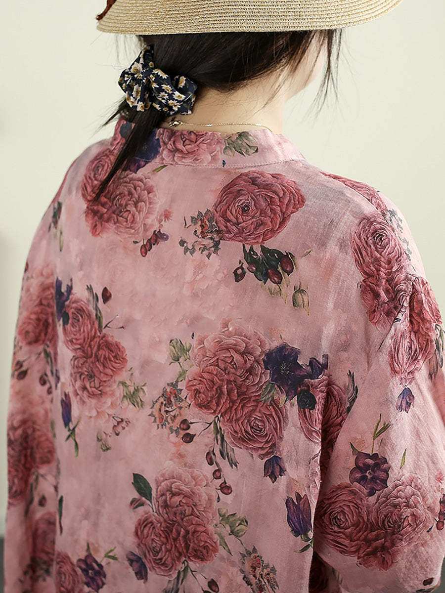 Women Summer Vintage Flower Stand Collar 100%Ramie Shirt
