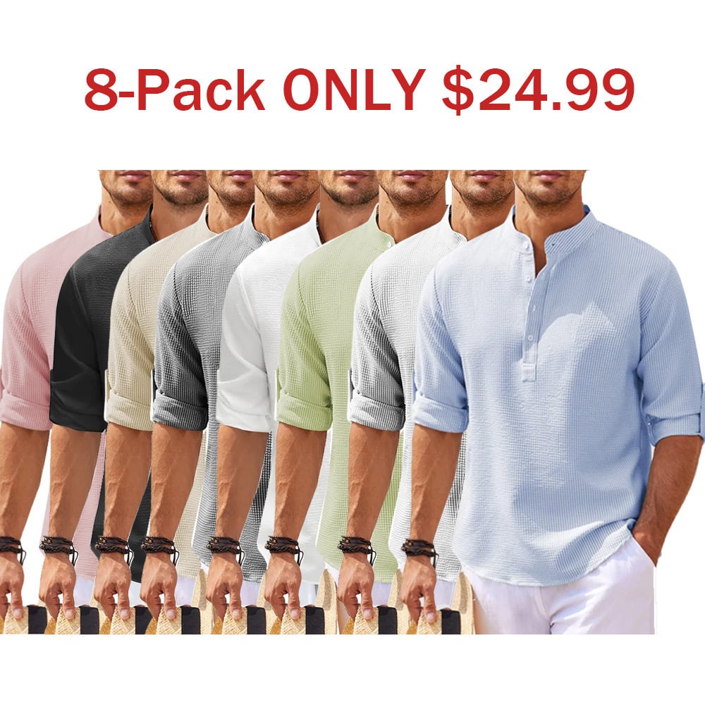 8-Pack Men's Linen Henley Shirt Long Sleeve Casual Hippie Cotton Beach T Shirts Vertical Striped Hawaiian Shirts