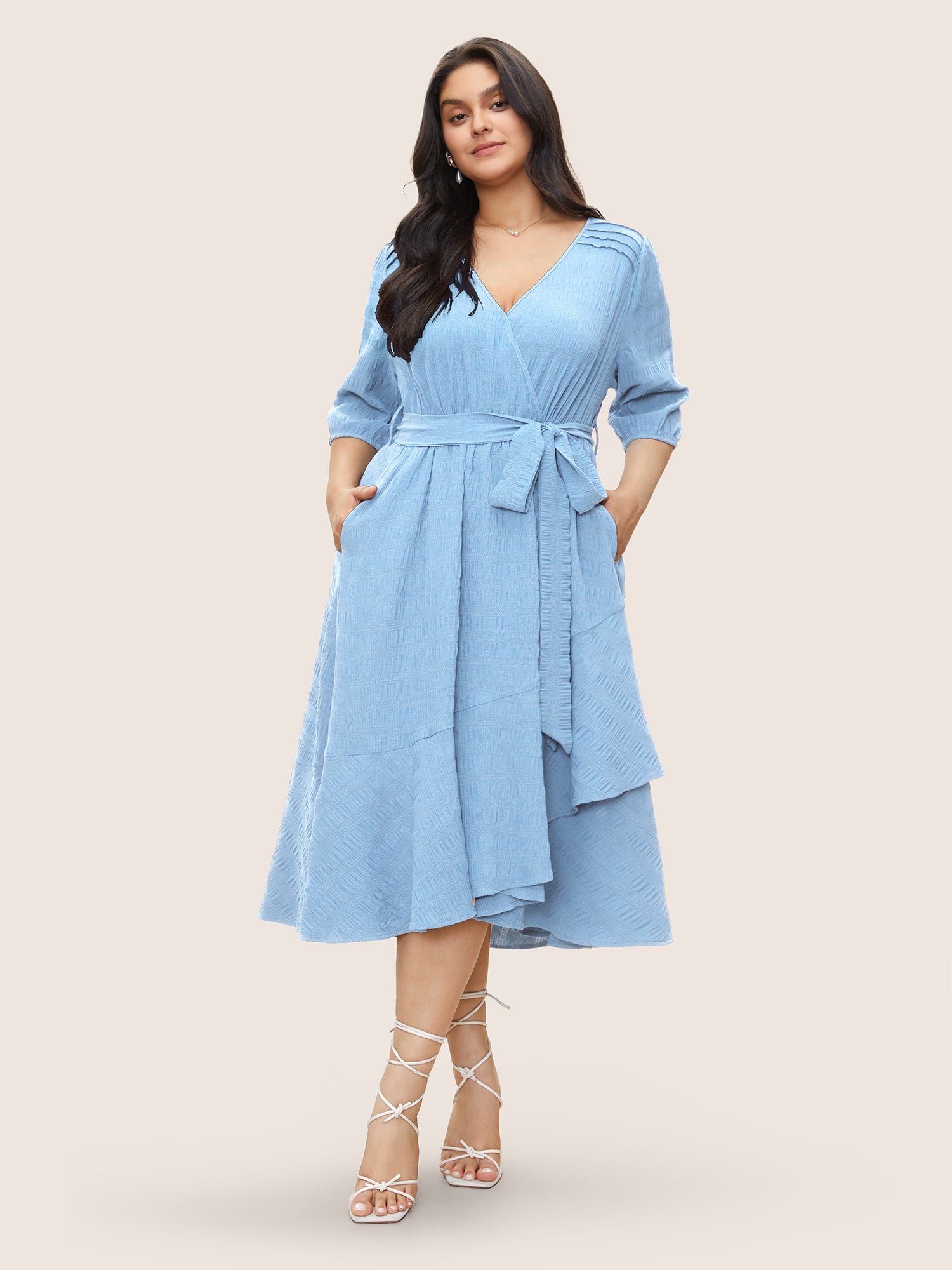 Plisse Overlap Collar Belted Pleated Detail Dress