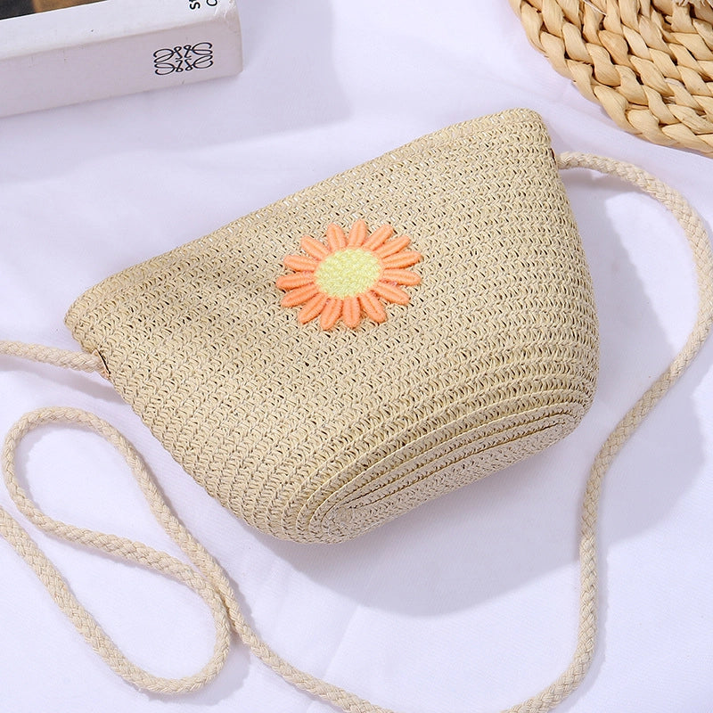 Women's Mini Straw Daisy Vintage Style Round Zipper Straw Bag