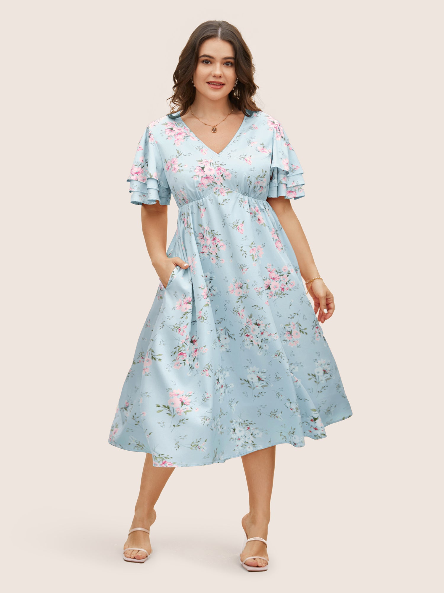 Floral Elastic Waist Tiered Ruffle Sleeve Dress