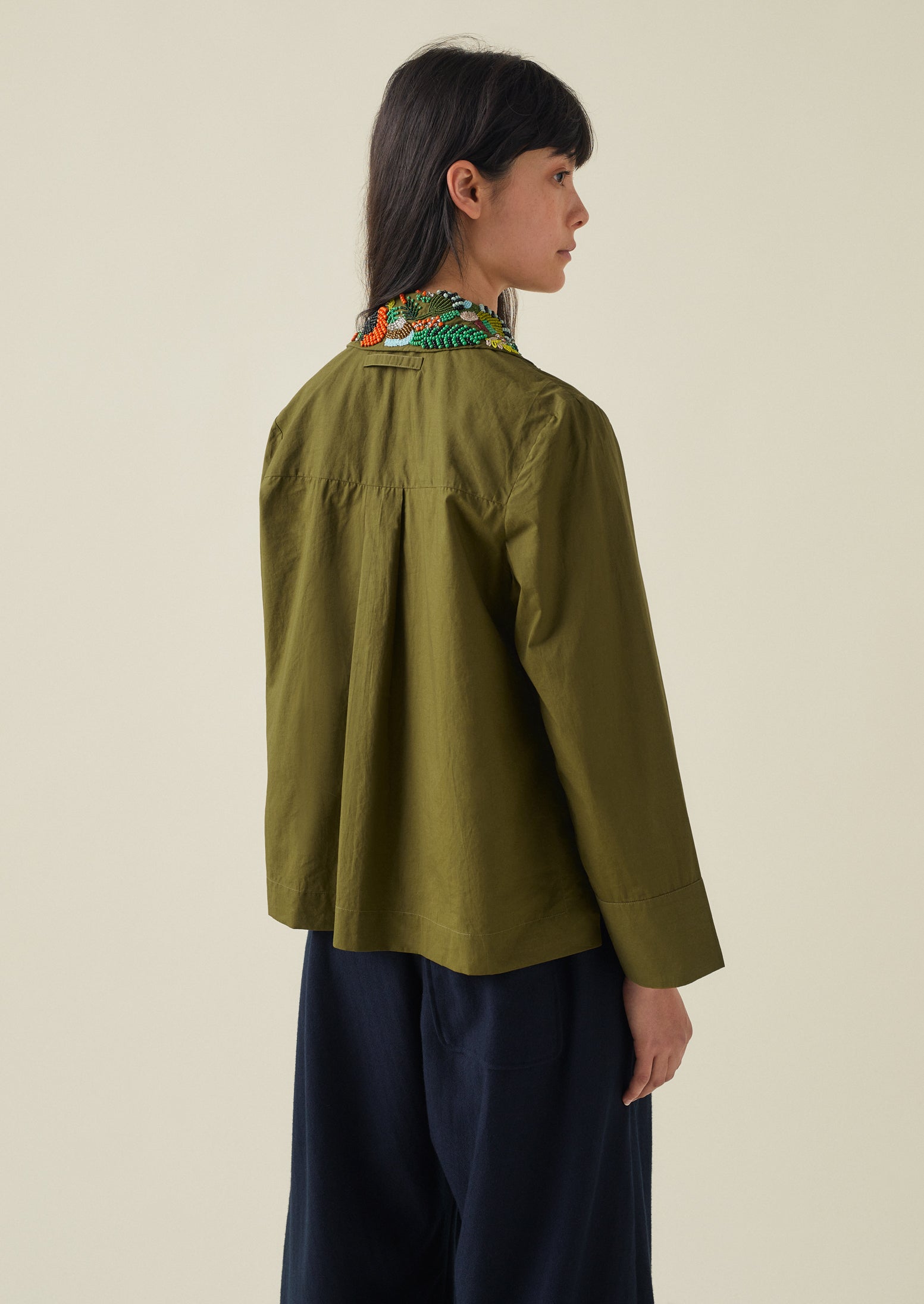Hand Beaded Poplin PJ Shirt | Rich Olive