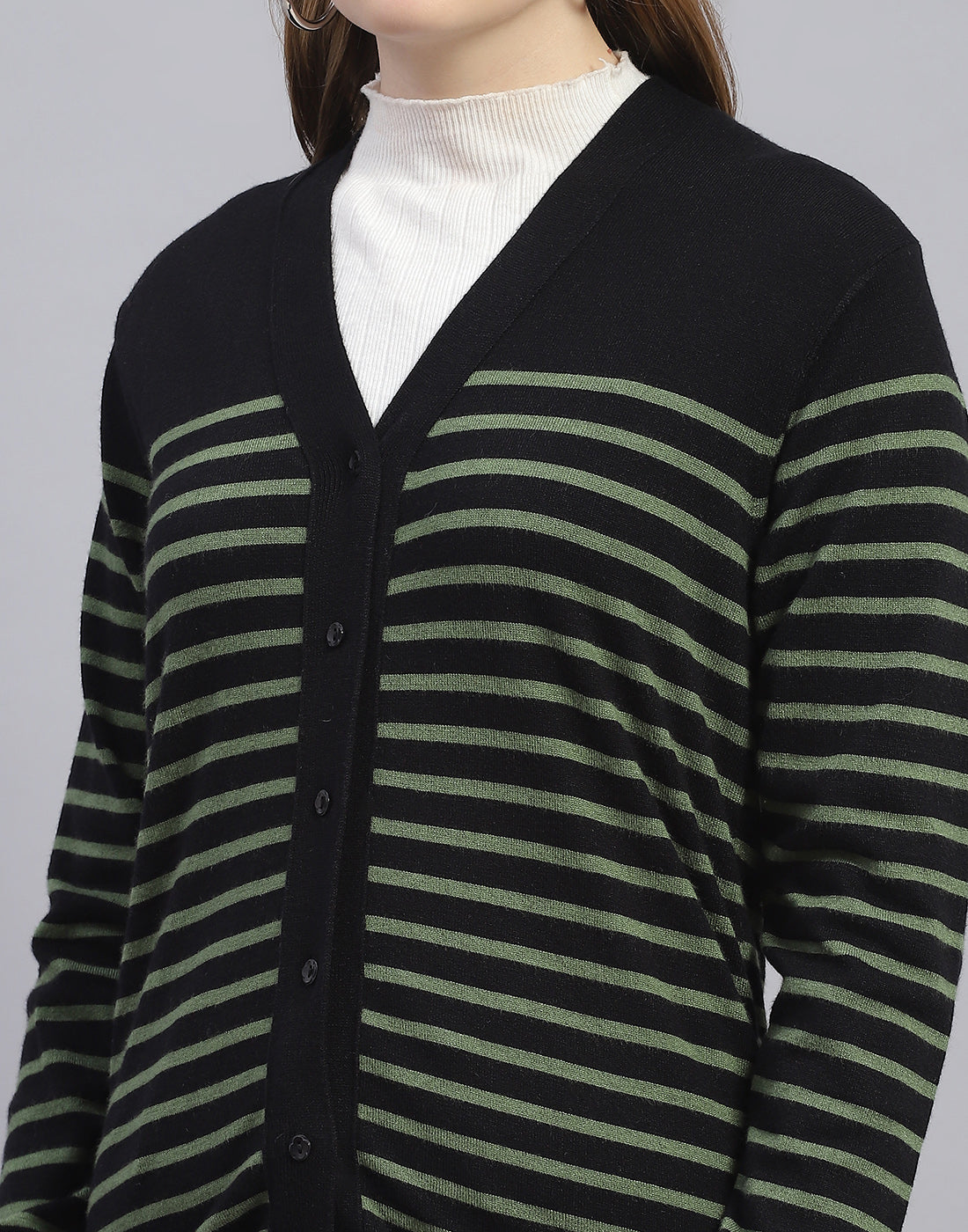 Women Black Stripe V Neck Full Sleeve Cardigan