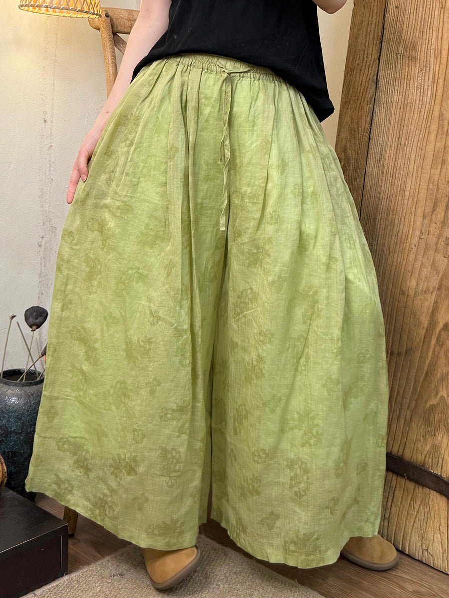Women Summer Retro Print Ramie Wide-leg Pants