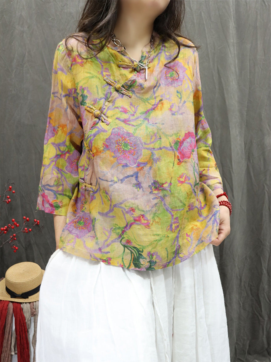 Women Summer Ethnic Stand Collar Flower 100%Ramie Shirt