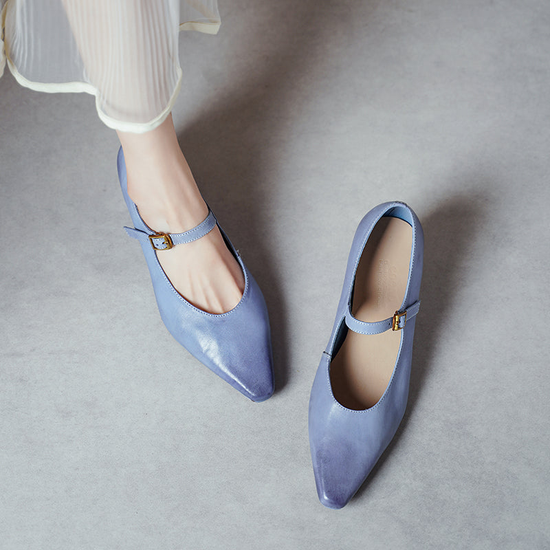 60mm Kitten Heel Point Toe Mary Jane Horsehide Pumps in Blue/Black/White