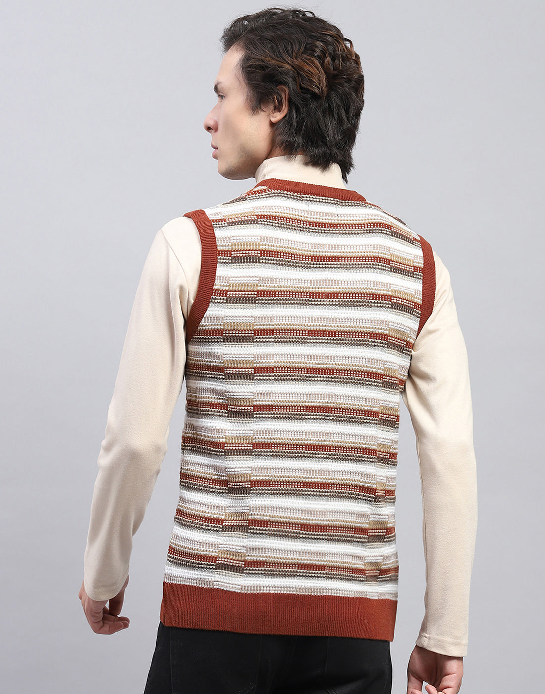 Men Brown Self Design V Neck Sleeveless Sweater