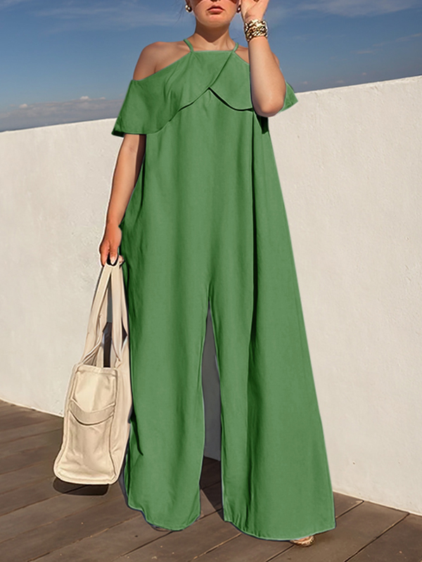 High Waisted Loose Solid Color Zipper Cold Shoulder Jumpsuits