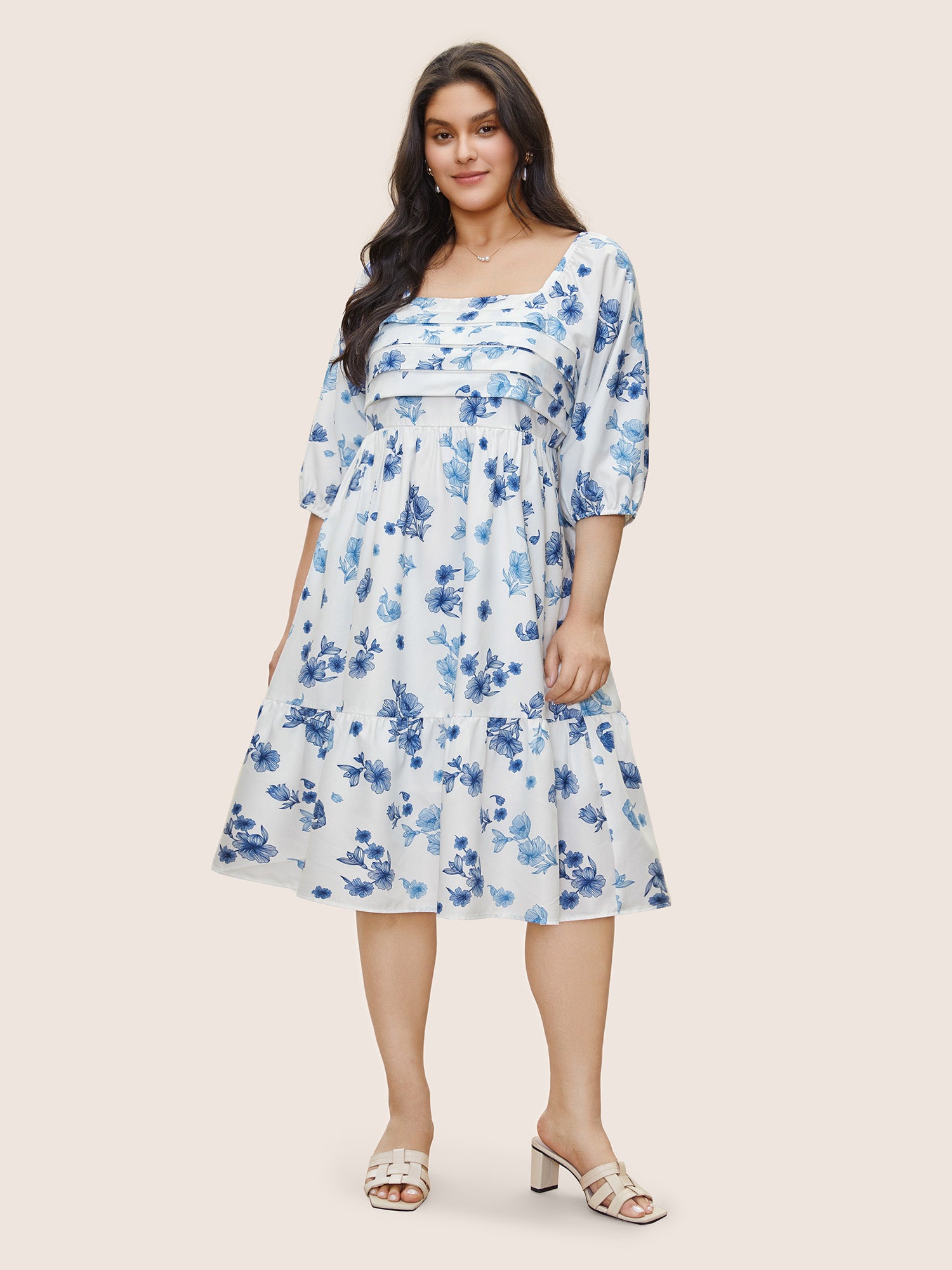 Square Neck Floral Print Pleated Lantern Sleeve Dress