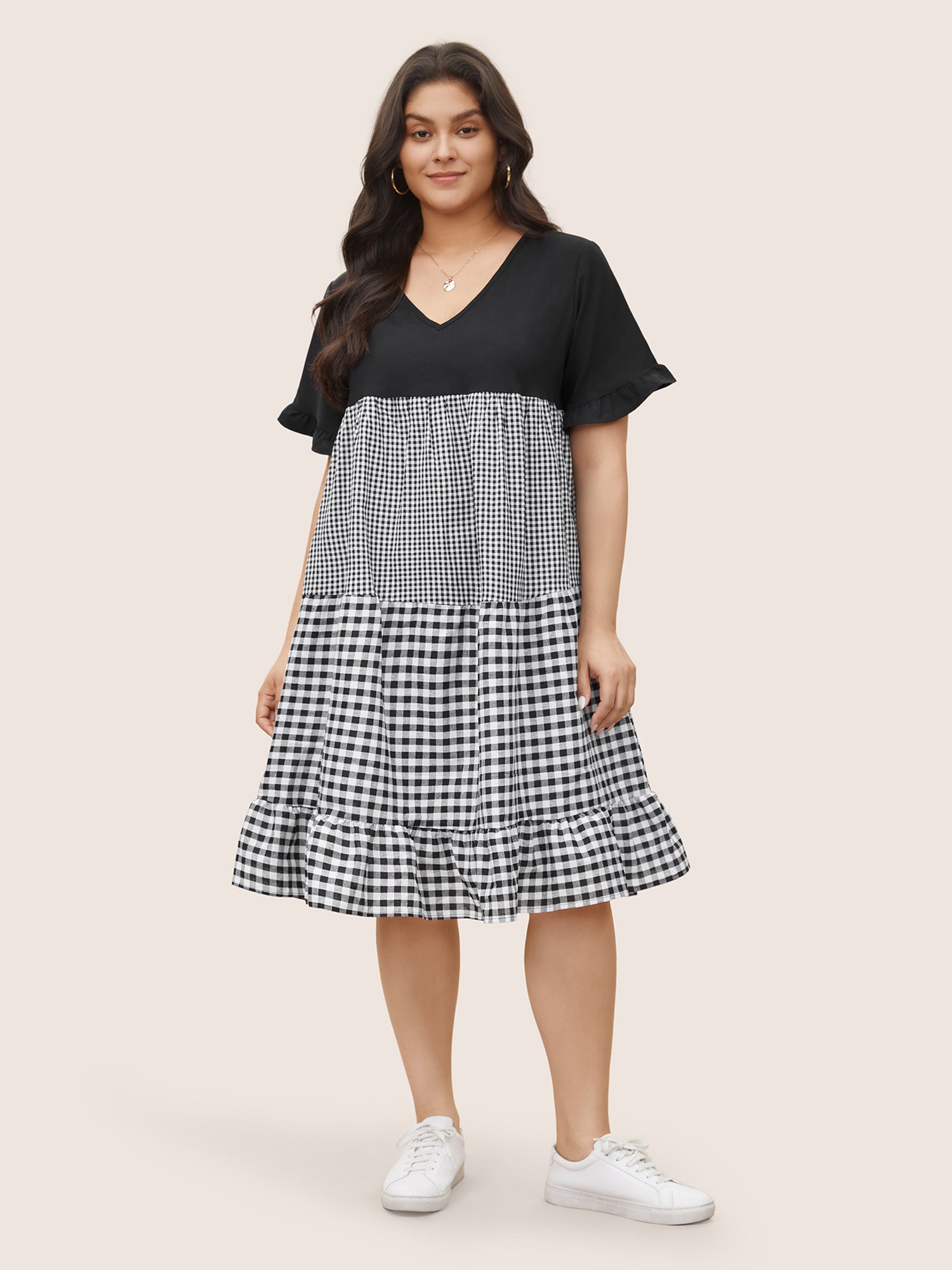 Gingham Patchwork V Neck Pocket Ruffles Dress