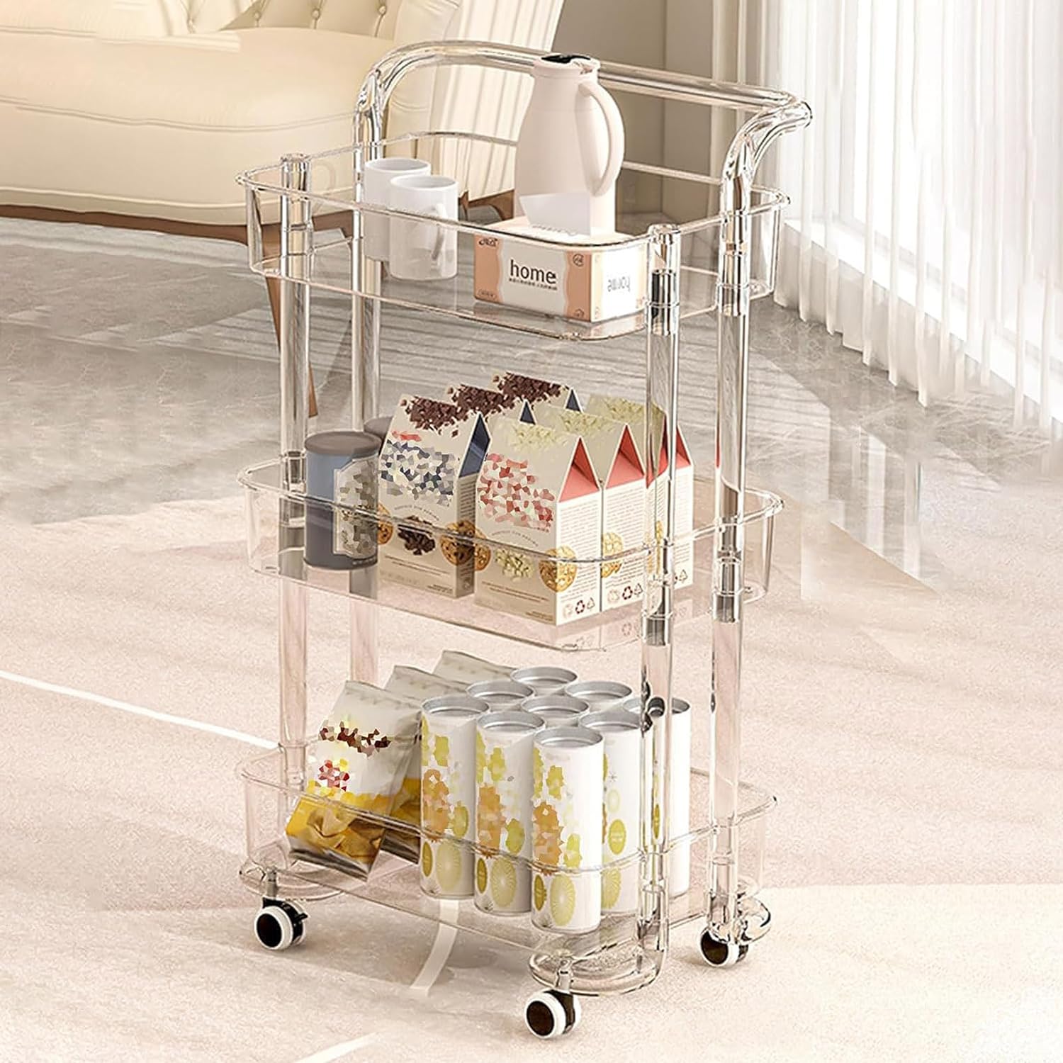 3 Layer Rolling Carts With Wheels For Groceries. Strong Load-Bearing With Low-Noise Multi-Functional Mobile Shelf