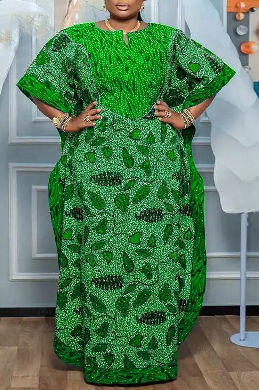 Vintage Casual Bat-wing Floor-Length Printed Loose Maxi Dress