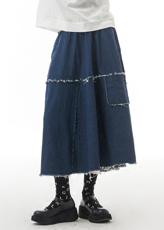 Unique Blue elastic waist side open Patchwork Skirts Spring