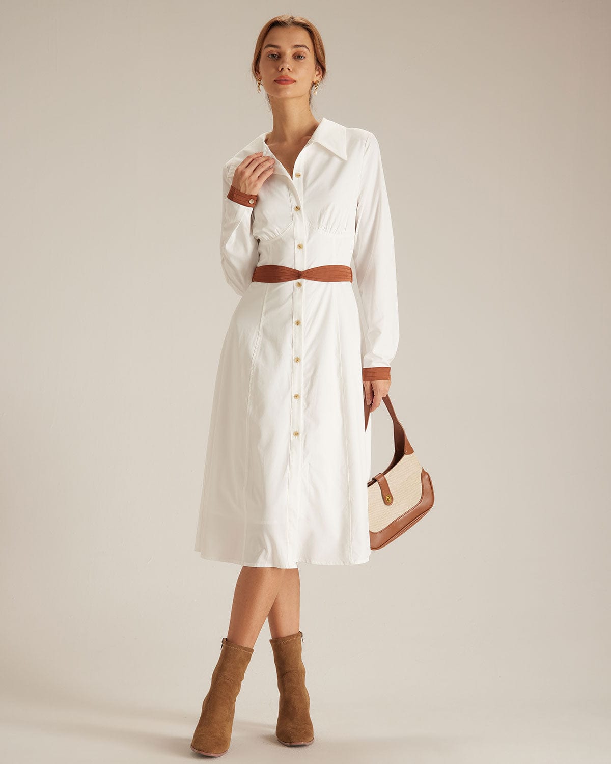 The White Colorblock Belted Shirt Midi Dress