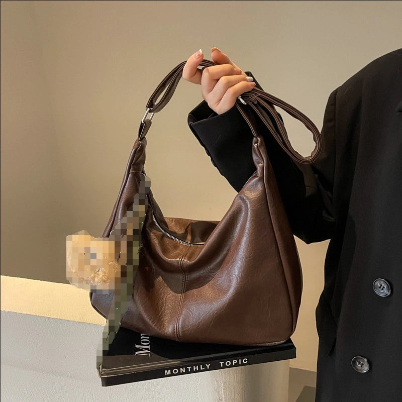 Women's Large PU Solid Color Elegant Ethnic Style Sewing Thread Dumpling Shape Zipper Shoulder Bag