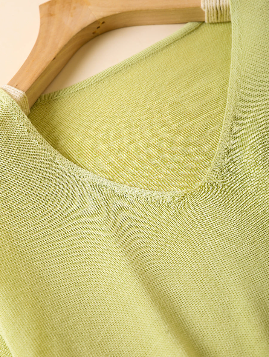 Women Summer Casual Pure Color Knitted V-Neck Shirt
