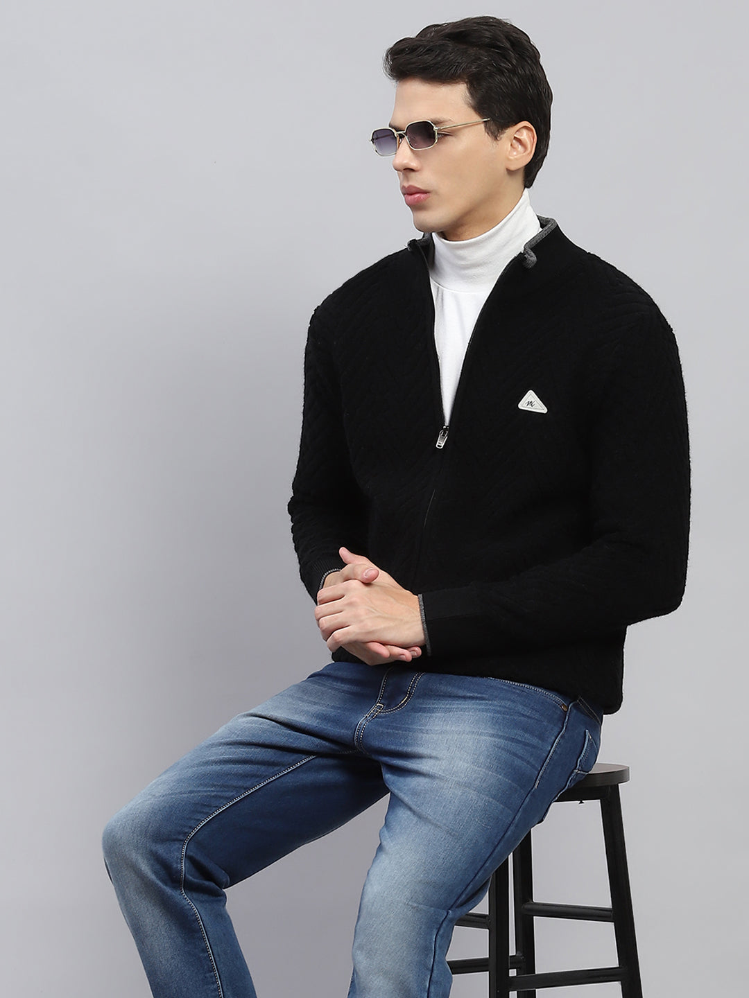 Men Black Self Design Mock Neck Full Sleeve Pullover