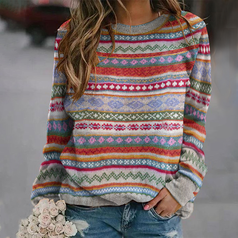 Ethnic Style Contrast Jacquard Round Neck Sweater