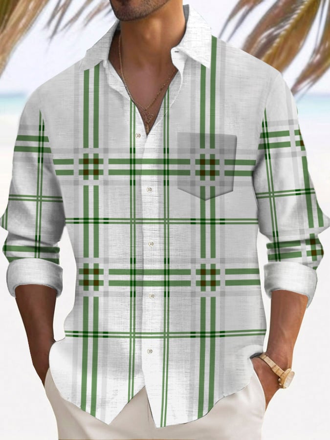 Men's Plaid Design Pocket Casual Long Sleeve Shirt