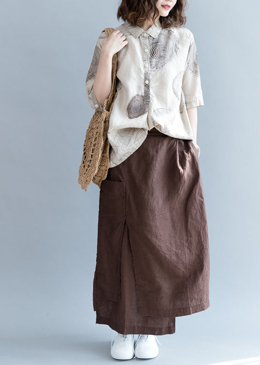 Vintage Chocolate Asymmetrical Side Open Linen Skirts Fall