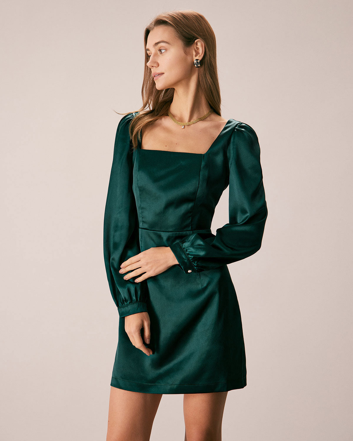 The Green Square Neck Satin A-Line Mini Dress