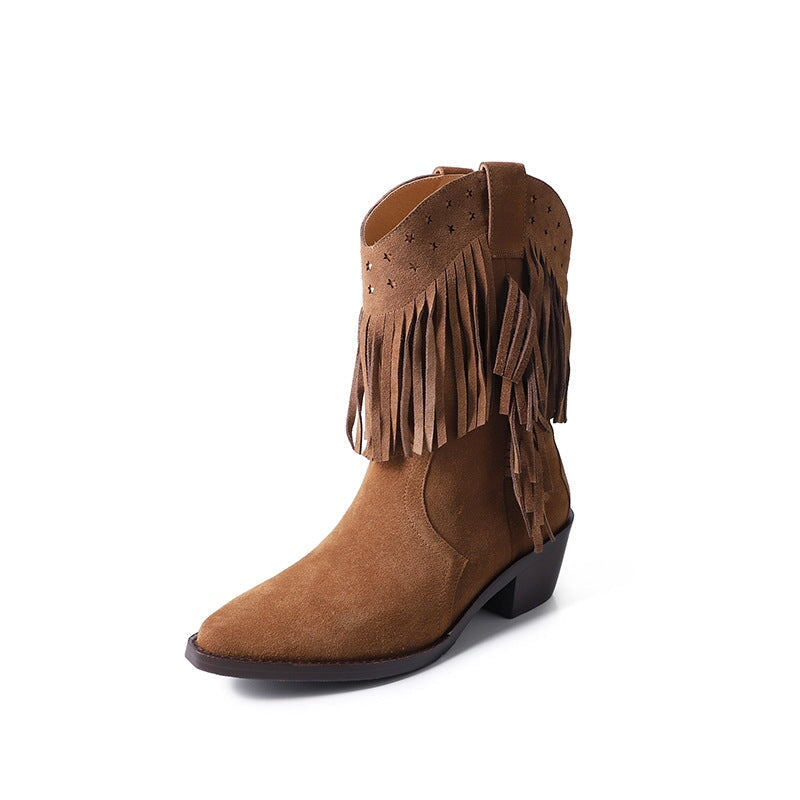 Western Point Toe Cowgirl Boots With Tassels Handmade Boots in Black/Brown/Coffee