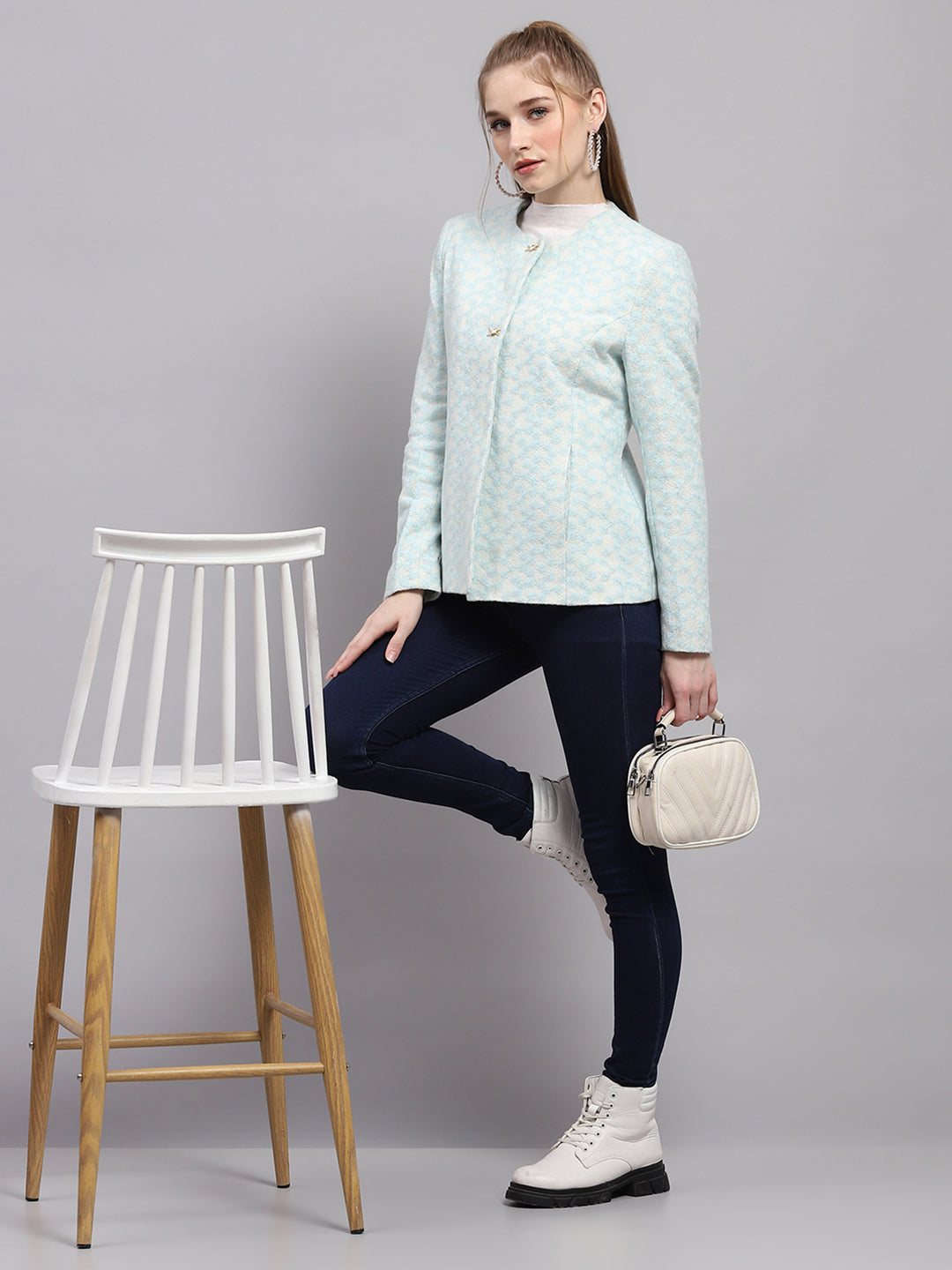 Women Blue Embroidered Round Neck Full Sleeve Coat