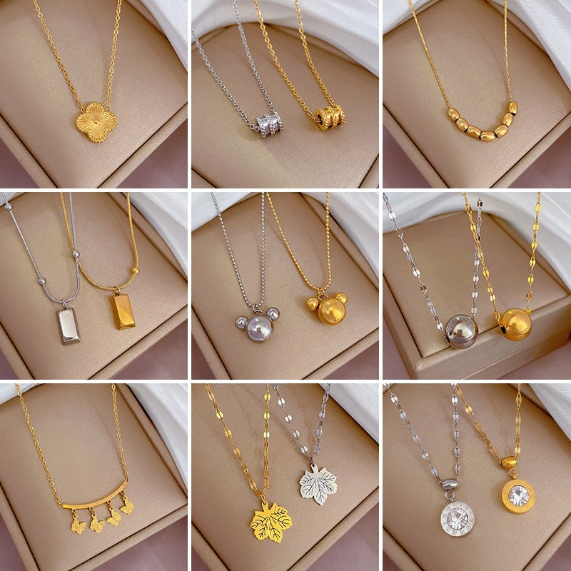 2 Pieces Cartoon Leaf Gourd Lily Of The Valley Geometric Titanium Steel Electroplating Necklaces