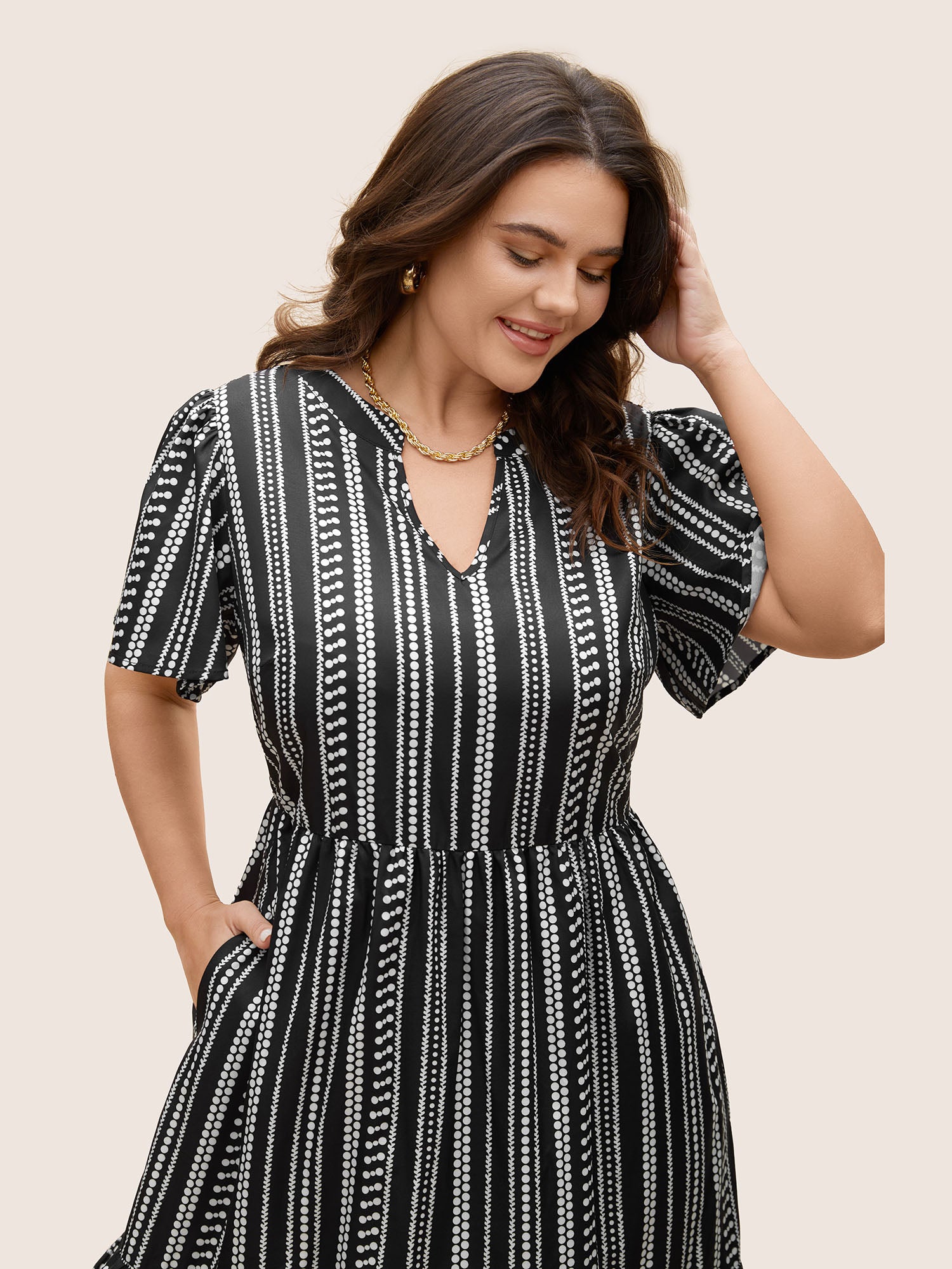 Striped Elastic Waist Ruffle Sleeve Dress