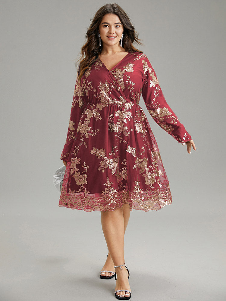 Floral Sequin Elastic Waist Mesh Wrap Dress