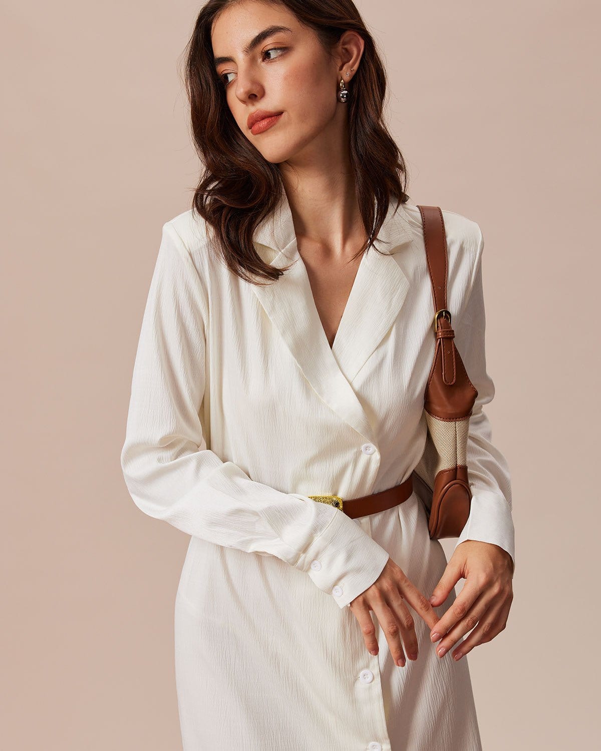 The Beige Lapel Long Sleeve Shirt Midi Dress