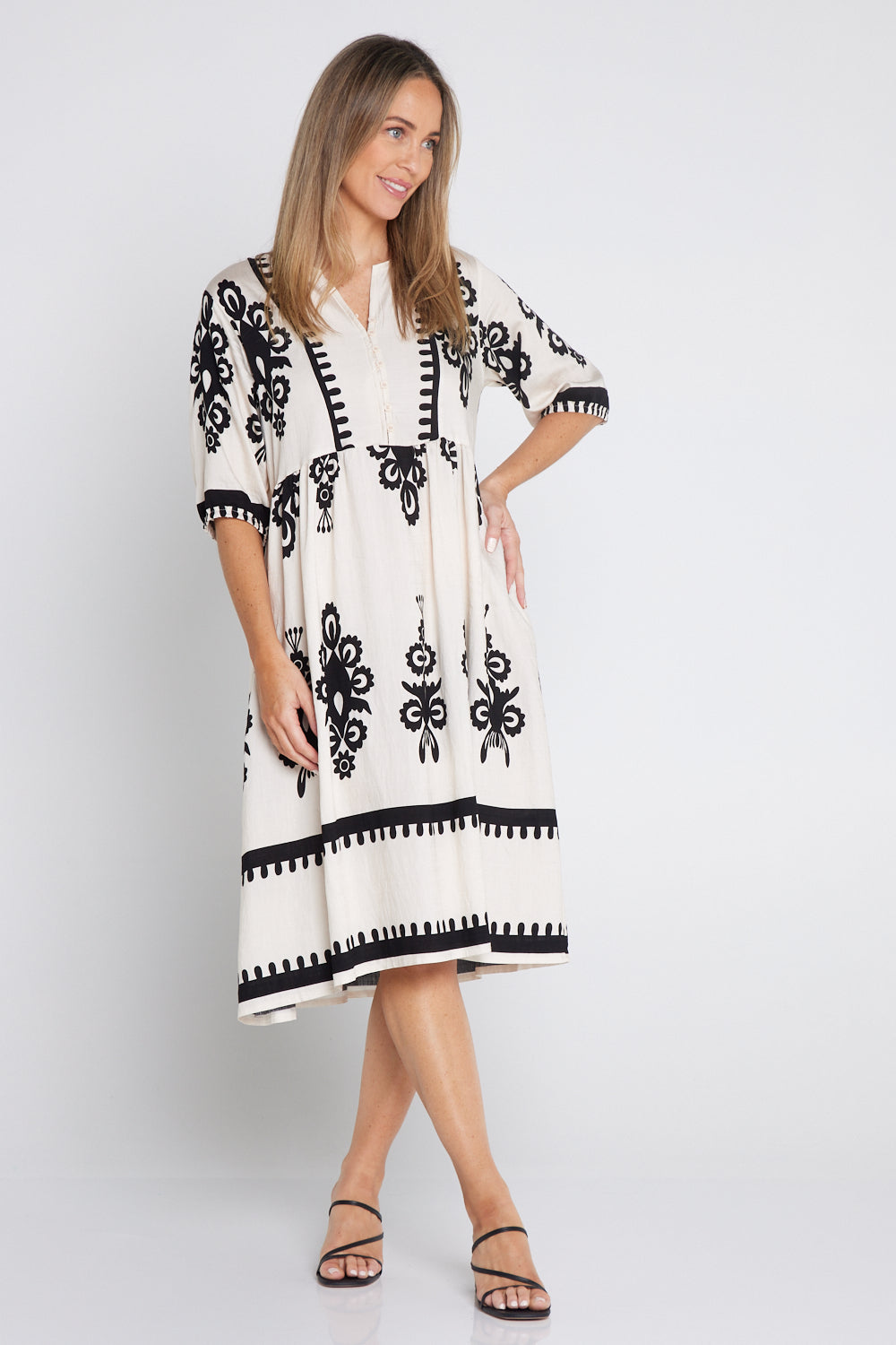 Zalara Dress - Cream/Black Print