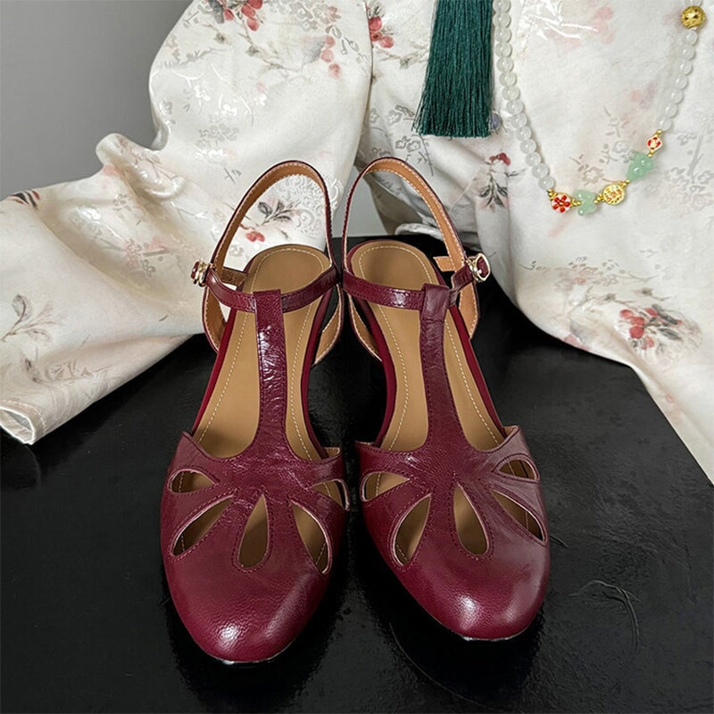 Handmade Sheepskin T-Strap Mary Jane Shoes Block Heel Round Toe Sandals