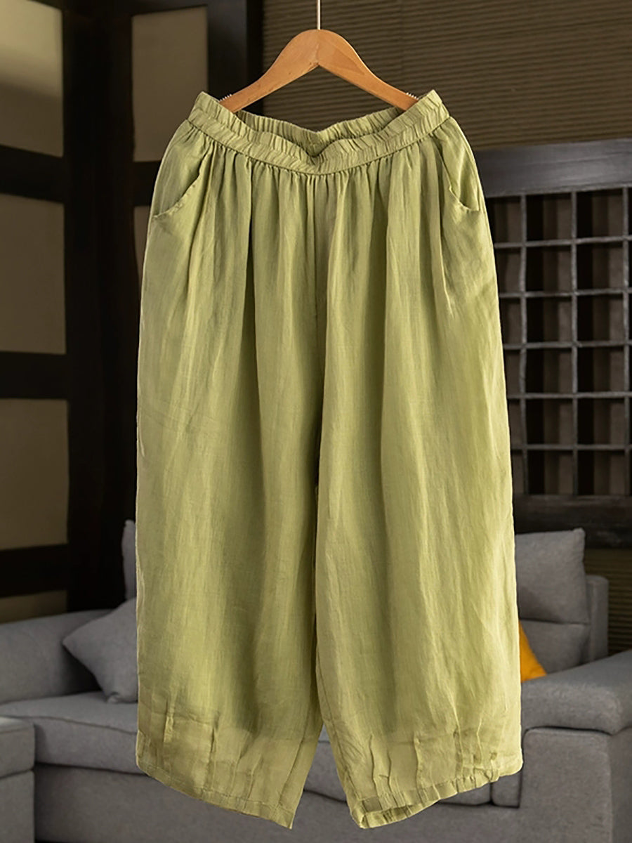 Women Summer Retro Pure Color 100%Ramie Bloomers