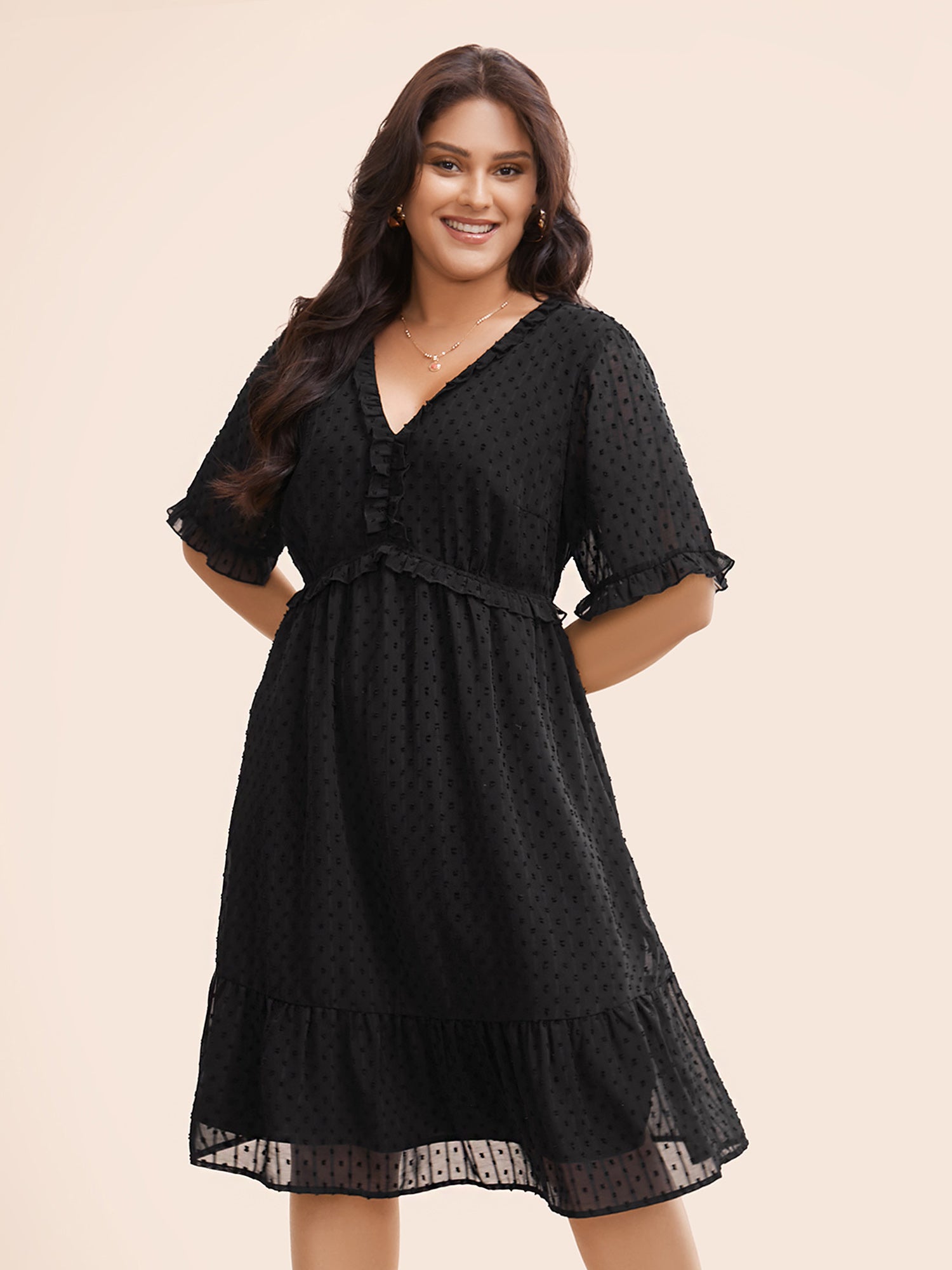 Jacquard V Neck Ruffle Sleeve Dress