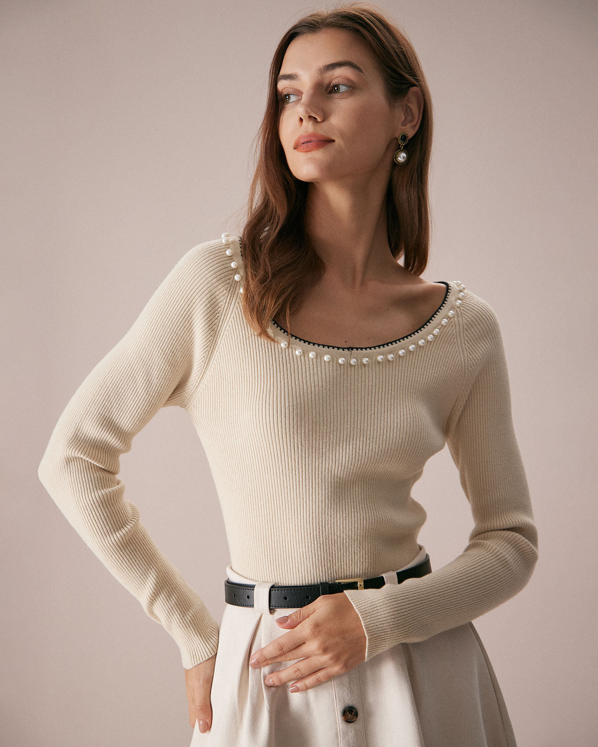 The Apricot Round Neck Pearl Trim Knit Top