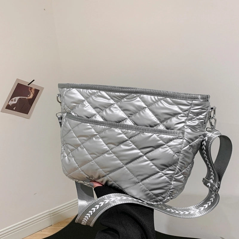 Women's Pu Leather Lingge Vintage Style Sewing Thread Bucket Zipper Shoulder Bag