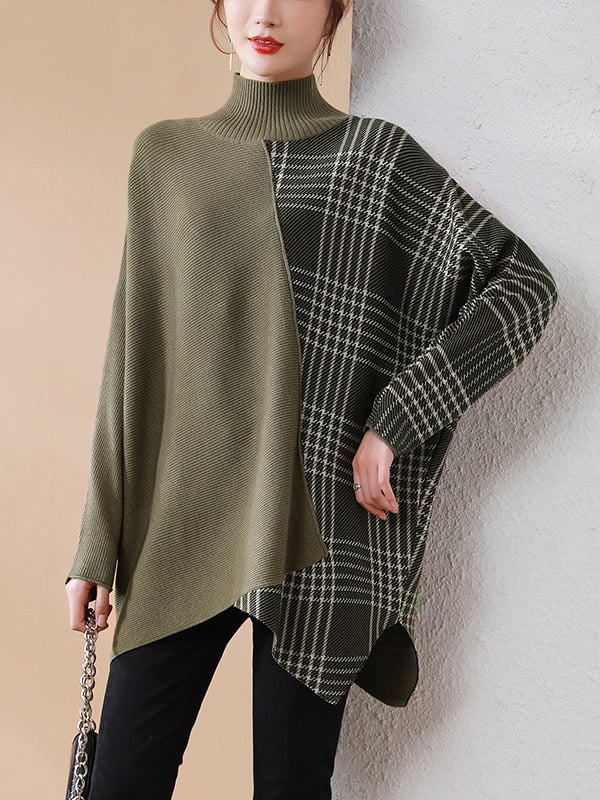 Casual Loose 3 Colors Split-Joint Plaid High-Neck Batwing Long Sleeves Sweater Top