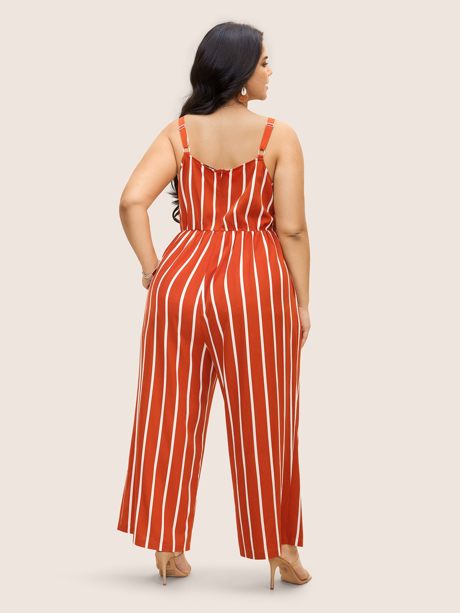 Contrast Striped V Neck Adjustable Straps Jumpsuit