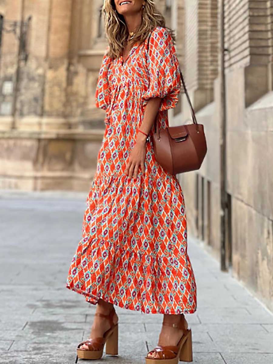 Printed Bubble Sleeve Dress