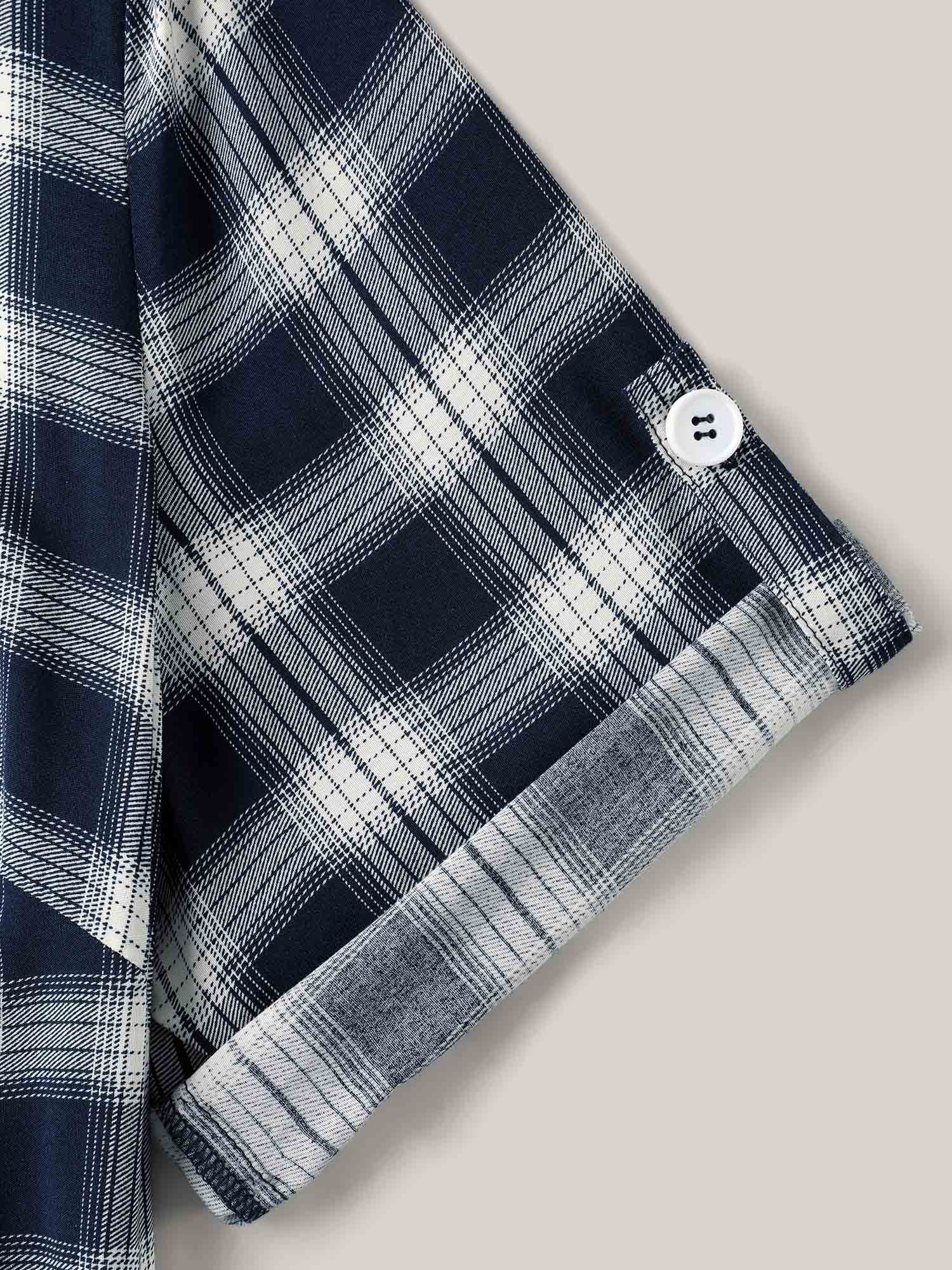 Plaid Pattern Tab Sleeve Pockets Midi Dress