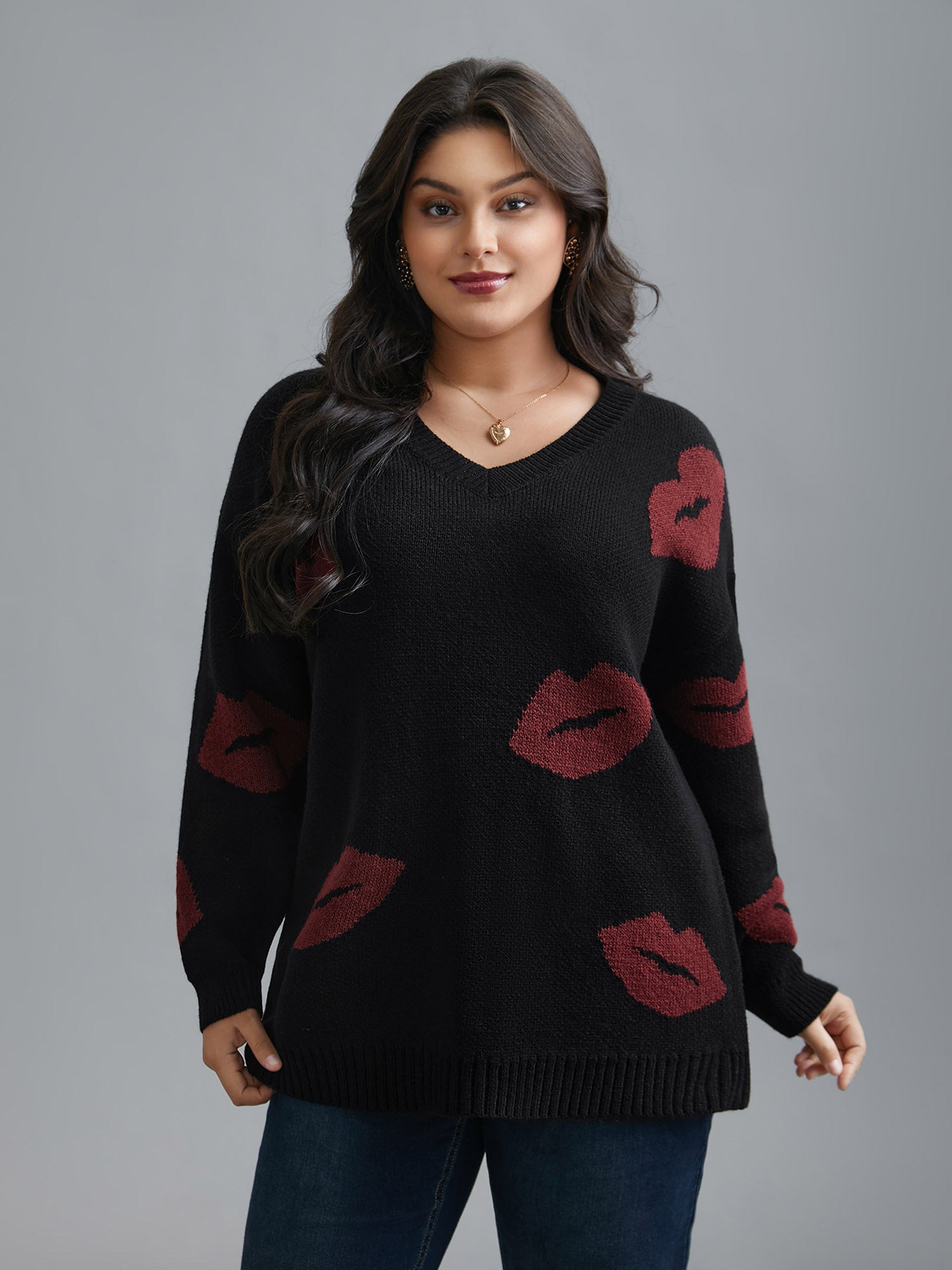 Lip Print Contrast Knit Pullover