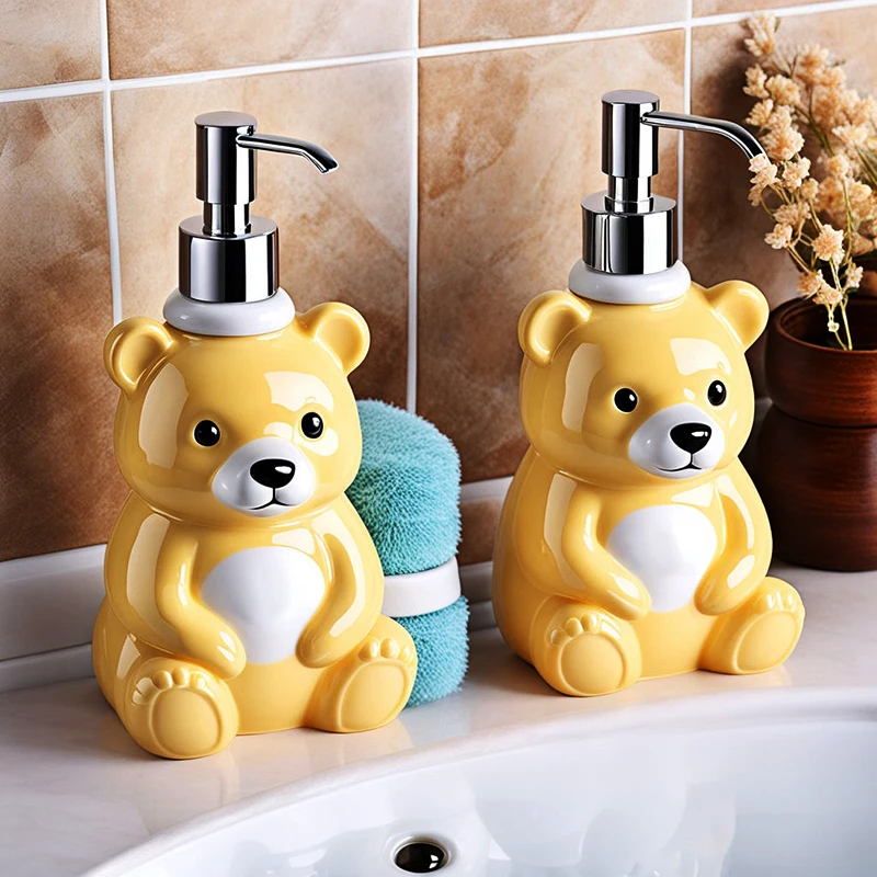 Hotel kitchen bathroom home decor animal ceramic cartoon brown bear foam liquid soap dispenser bottles set